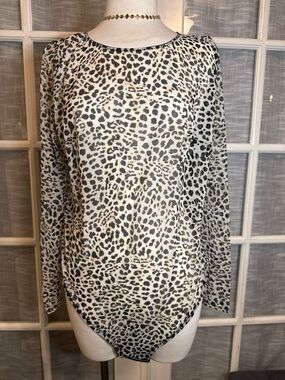 Cacique Black & Cream Leopard-Print Long Sleeve Bodysuit